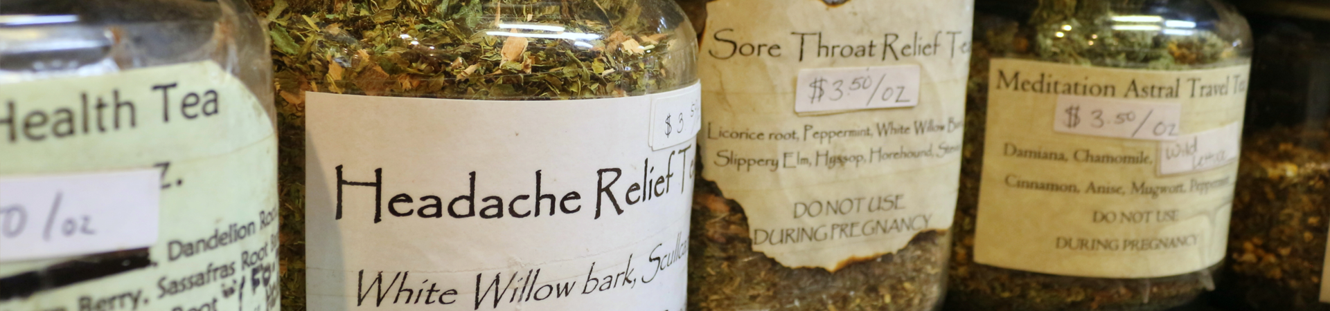 Herbal Tea Shelf with teas for headache and sore throat relief