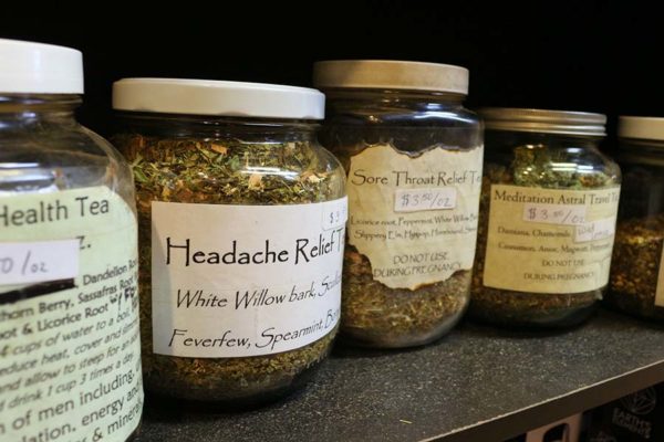 Herbal Tea Shelf with teas for headache and sore throat relief